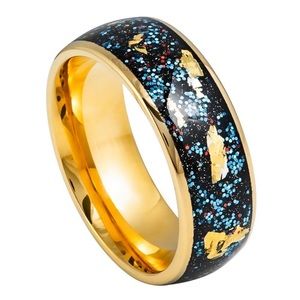 Unisex 8mm Tungsten Ring dome gold plated blue green glitter, gold foil inlay